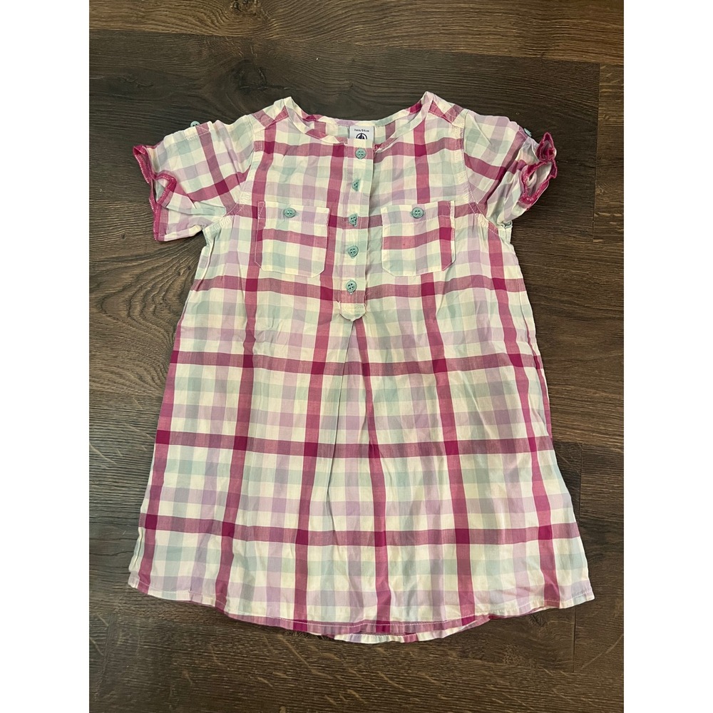 Petit Bateau Girls Plaid Shirt Dress Pink Purple White 3T 94cm Short Sleeve